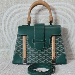 Goyard Green Canvas & Leather Top-Handle Satchel with Wood Accents